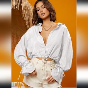 Wanda Shirt with Bell Cuff, Button Front & Drawstring At Waist, Size Large